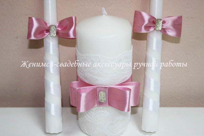 Свадебные свечи " Розовые банты"